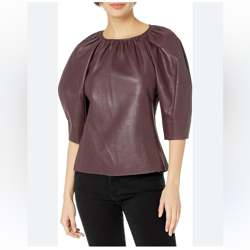 Rebecca Taylor Women's 3/4 Sleeve Vegan Leather Oxblood Blouse Size 4